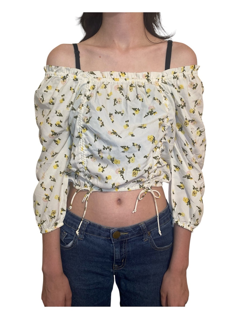 Speed Limit Off-Shoulder Yellow Floral Crop Top with touched adjustable sides S